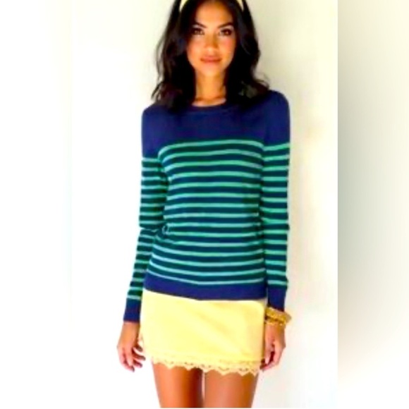 J. Crew Women’s Teddie Sweater Size S Navy Green Stripes Long Sleeve Lightweight - Picture 1 of 8